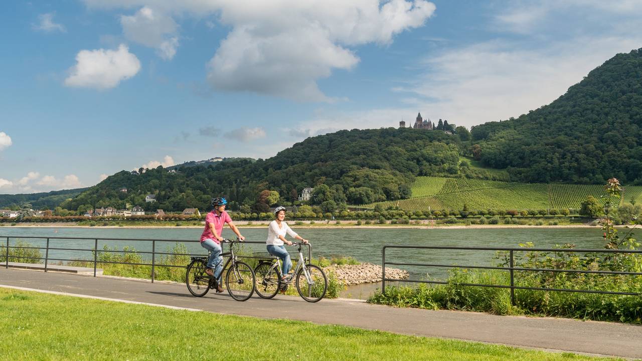 Rheinradweg bei Bonn-Mehlem, im Hintergrund Schloss Drachenburg