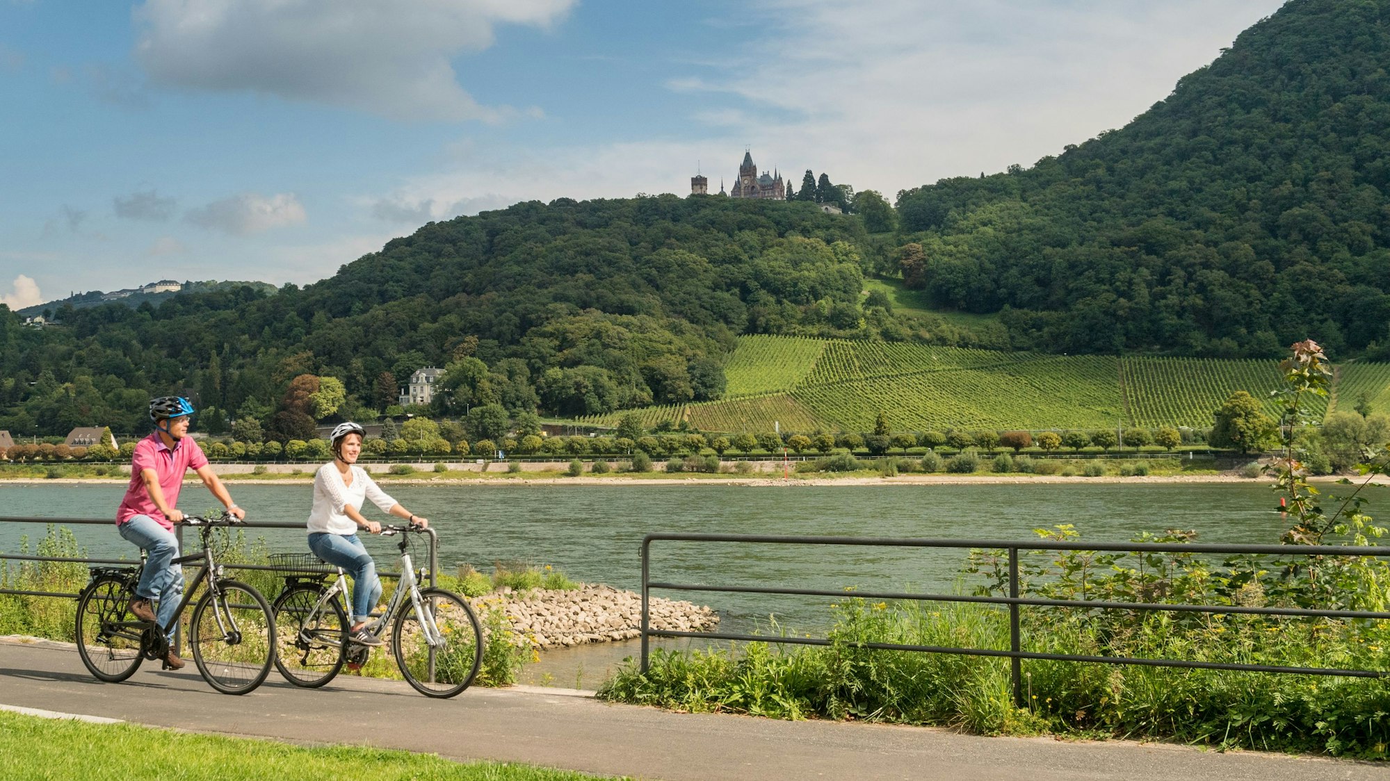 Rheinradweg bei Bonn-Mehlem, im Hintergrund Schloss Drachenburg