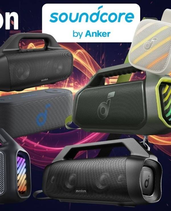 Collage verschiedener Soundcore by Anker Bluetooth-Lautsprecher in unterschiedlichen Größen und Modellen vor einem dunklen Hintergrund mit orangefarbenen und roten Lichteffekten. Die Lautsprecher reichen vom kleinen RGB-Mini-Speaker bis zum großen Party-Lautsprecher mit bunter LED-Beleuchtung. Links oben das Amazon-Logo, in der Mitte das Soundcore by Anker-Logo. Rechts oben roter Button mit der Aufschrift „Bis -44 % Rabatt zur UVP".