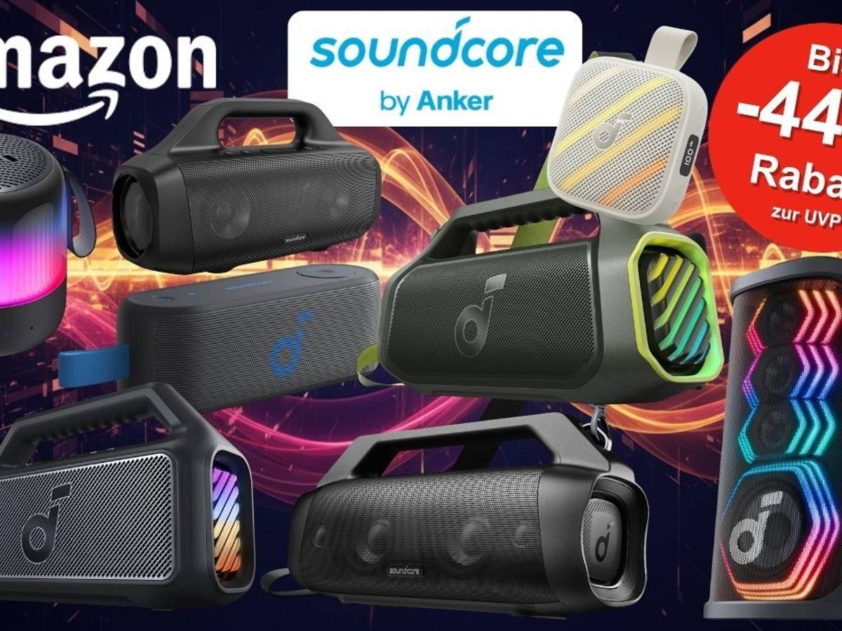 Collage verschiedener Soundcore by Anker Bluetooth-Lautsprecher in unterschiedlichen Größen und Modellen vor einem dunklen Hintergrund mit orangefarbenen und roten Lichteffekten. Die Lautsprecher reichen vom kleinen RGB-Mini-Speaker bis zum großen Party-Lautsprecher mit bunter LED-Beleuchtung. Links oben das Amazon-Logo, in der Mitte das Soundcore by Anker-Logo. Rechts oben roter Button mit der Aufschrift „Bis -44 % Rabatt zur UVP".
