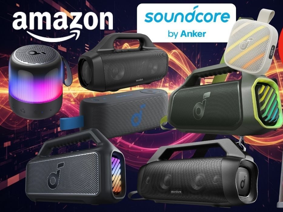 Collage verschiedener Soundcore by Anker Bluetooth-Lautsprecher in unterschiedlichen Größen und Modellen vor einem dunklen Hintergrund mit orangefarbenen und roten Lichteffekten. Die Lautsprecher reichen vom kleinen RGB-Mini-Speaker bis zum großen Party-Lautsprecher mit bunter LED-Beleuchtung. Links oben das Amazon-Logo, in der Mitte das Soundcore by Anker-Logo. Rechts oben roter Button mit der Aufschrift „Bis -44 % Rabatt zur UVP".