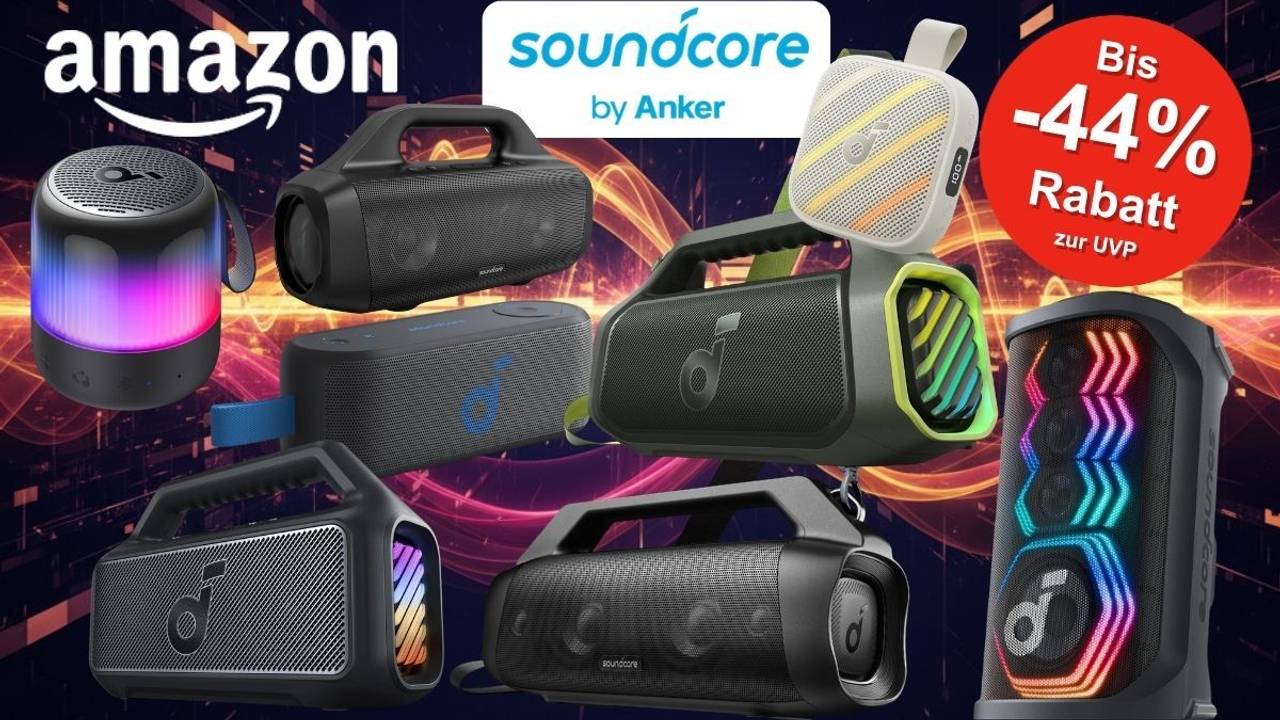 Collage verschiedener Soundcore by Anker Bluetooth-Lautsprecher in unterschiedlichen Größen und Modellen vor einem dunklen Hintergrund mit orangefarbenen und roten Lichteffekten. Die Lautsprecher reichen vom kleinen RGB-Mini-Speaker bis zum großen Party-Lautsprecher mit bunter LED-Beleuchtung. Links oben das Amazon-Logo, in der Mitte das Soundcore by Anker-Logo. Rechts oben roter Button mit der Aufschrift „Bis -44 % Rabatt zur UVP".