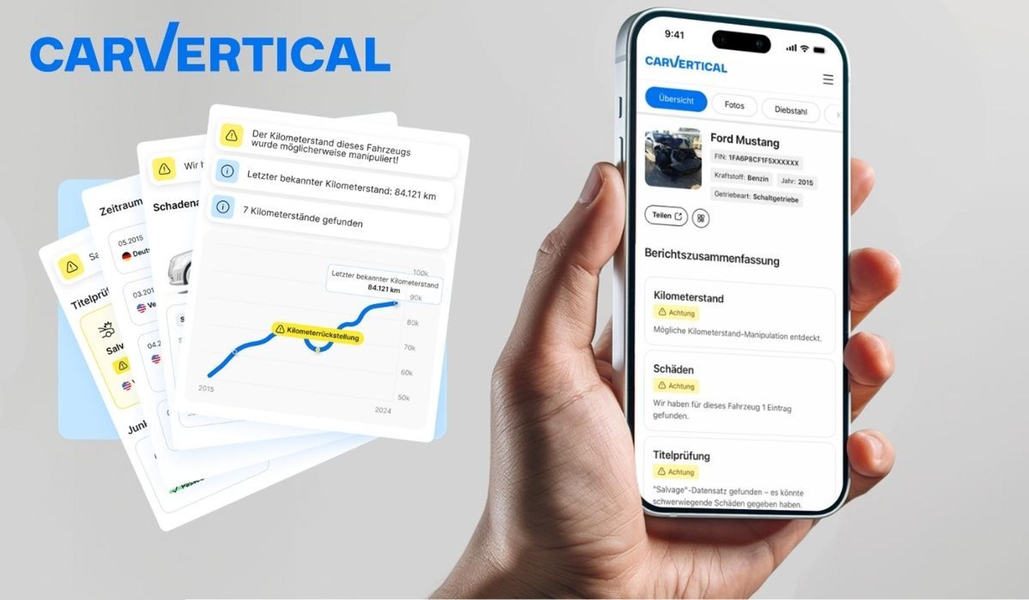 Bild für den digitalen Fahrzeughistorien-Dienst carVertical. Eine Hand hält ein Smartphone mit der carVertical-App, die einen Fahrzeugbericht für einen Ford Mustang (Baujahr 2015) anzeigt – mit Warnhinweisen zu möglicher Kilometerstand-Manipulation, Schäden und einer Titelprüfung. Links daneben sind mehrere Berichts-Karten mit Zeitverlauf, Schadenshistorie und Kilometerstand-Diagramm zu sehen. Links oben das blaue carVertical-Logo.