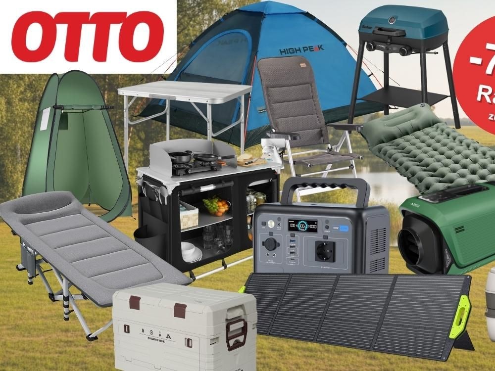 Collage mit Camping-Produkten aus dem OTTO Sale – darunter ein High Peak Kuppelzelt, ein Campingstuhl, ein Klapptisch, eine Campingküche, ein Gasgrill, eine Isomatte, ein Feldbett, eine Powerstation, ein Solarpanel, eine Kühlbox, eine Camping-Klimaanlage und eine portable Toilette von Enders und OTTO-Logo.