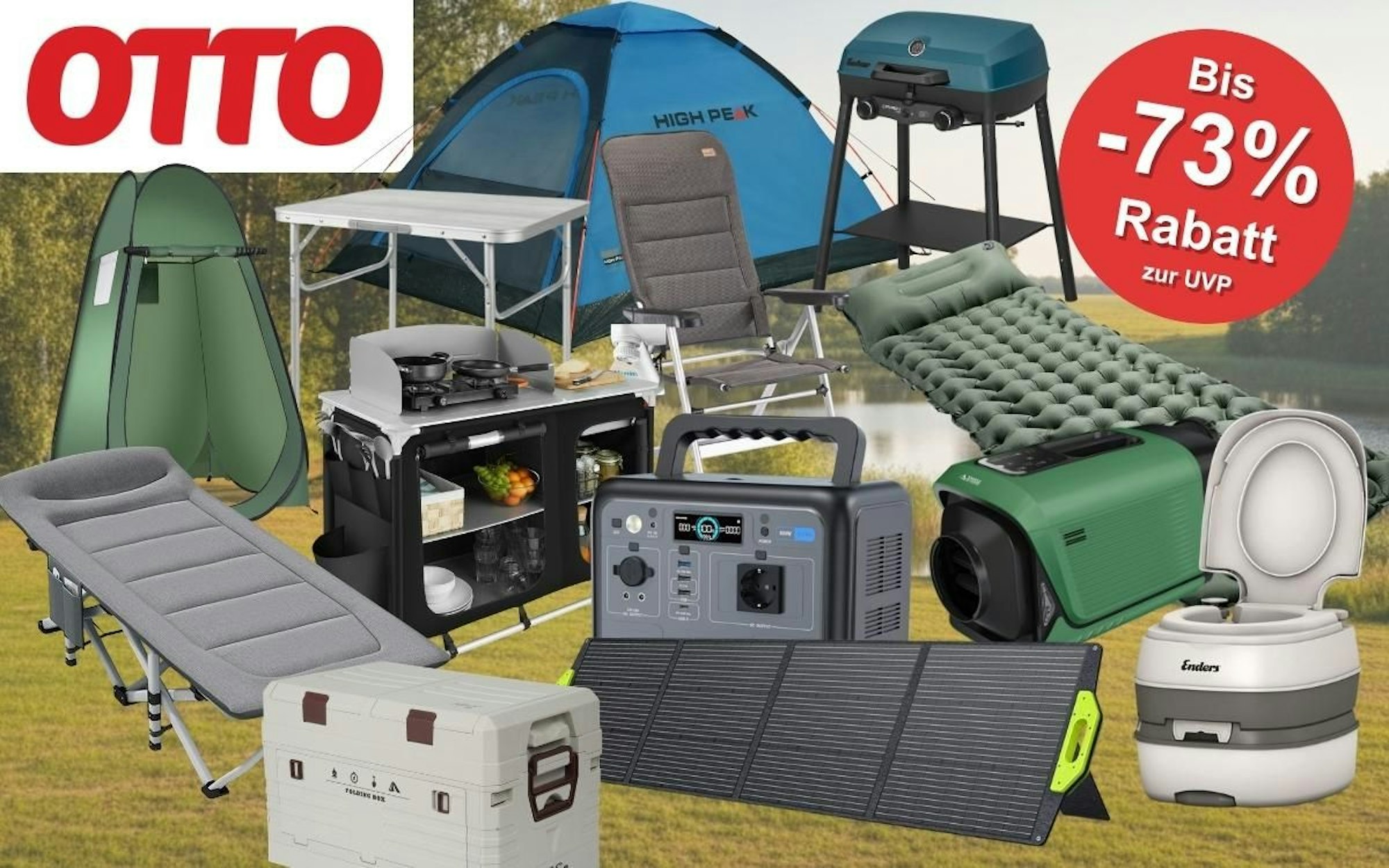 Collage mit Camping-Produkten aus dem OTTO Sale – darunter ein High Peak Kuppelzelt, ein Campingstuhl, ein Klapptisch, eine Campingküche, ein Gasgrill, eine Isomatte, ein Feldbett, eine Powerstation, ein Solarpanel, eine Kühlbox, eine Camping-Klimaanlage und eine portable Toilette von Enders und OTTO-Logo.
