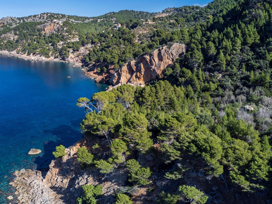 Küste, Meer, bewaldete Berge und Häuser