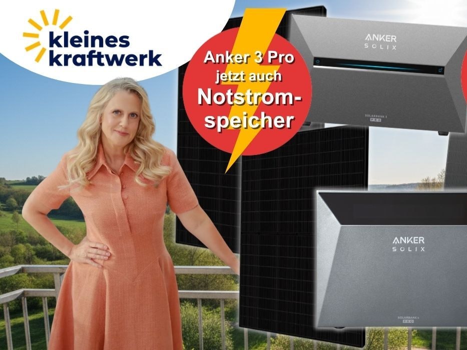 Barbara Schöneberger vor Balkon mit Solarmodul, daneben Anker SOLIX Solarbank 3 Pro und Anker SOLIX Solarbank 4 Pro, Logo von Kleines Kraftwerk, Hinweis auf bis zu 45 Prozent Rabatt auf den Anker 3 Pro sowie 25 Prozent Launch-Rabatt zur UVP auf den neuen Anker SOLIX Solarbank 4 Pro.