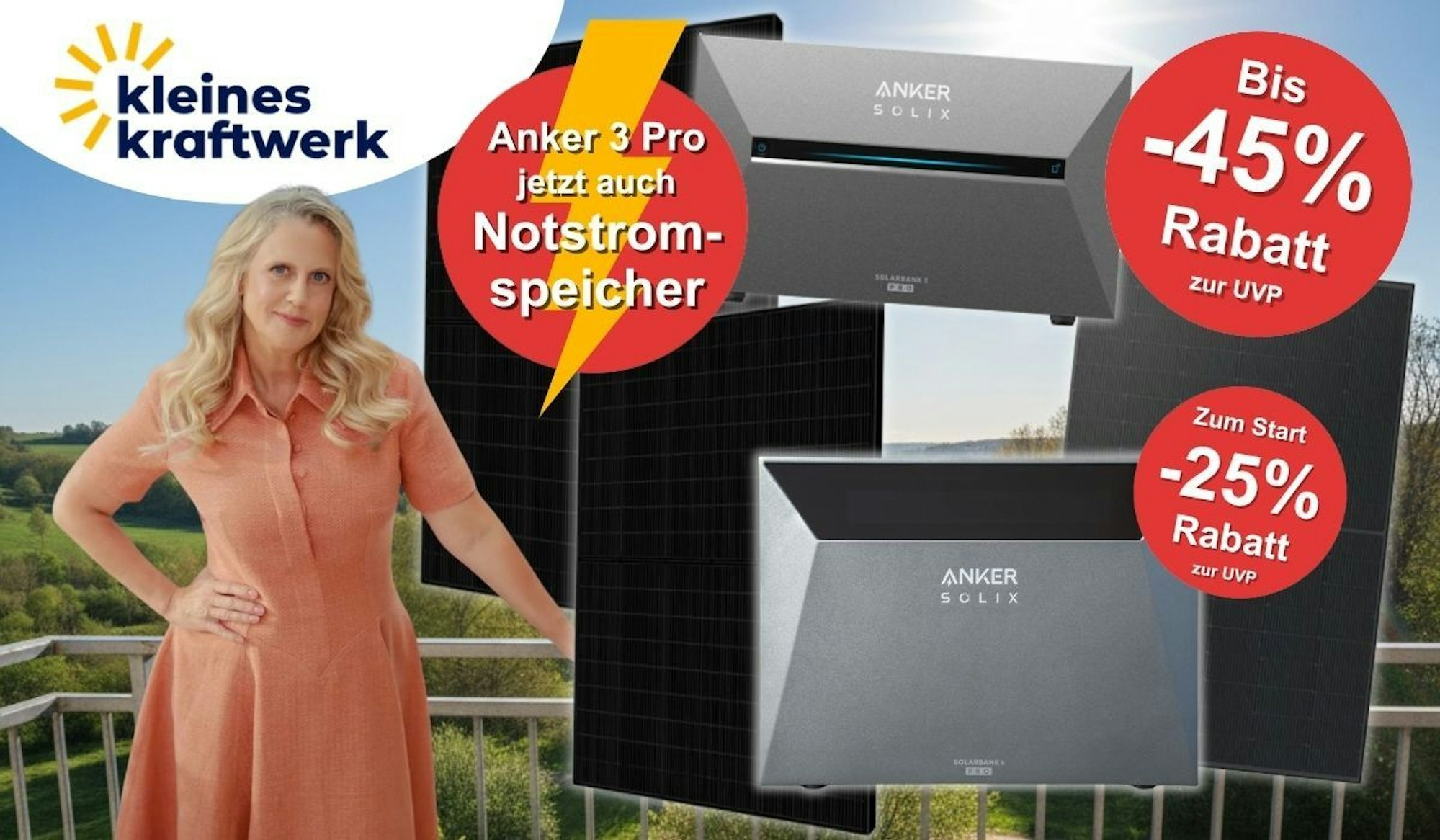 Barbara Schöneberger vor Balkon mit Solarmodul, daneben Anker SOLIX Solarbank 3 Pro und Anker SOLIX Solarbank 4 Pro, Logo von Kleines Kraftwerk, Hinweis auf bis zu 45 Prozent Rabatt auf den Anker 3 Pro sowie 25 Prozent Launch-Rabatt zur UVP auf den neuen Anker SOLIX Solarbank 4 Pro.