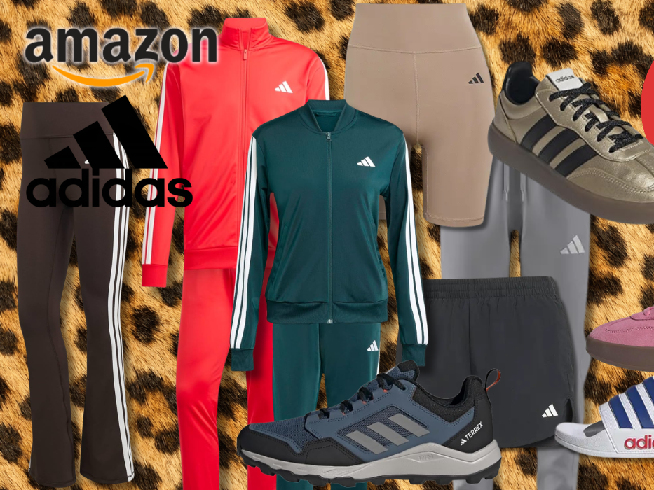 Auf dem Bild sind div. adidas Kleidungsstücke auf einem Animal Print Hintergrund platziert.
