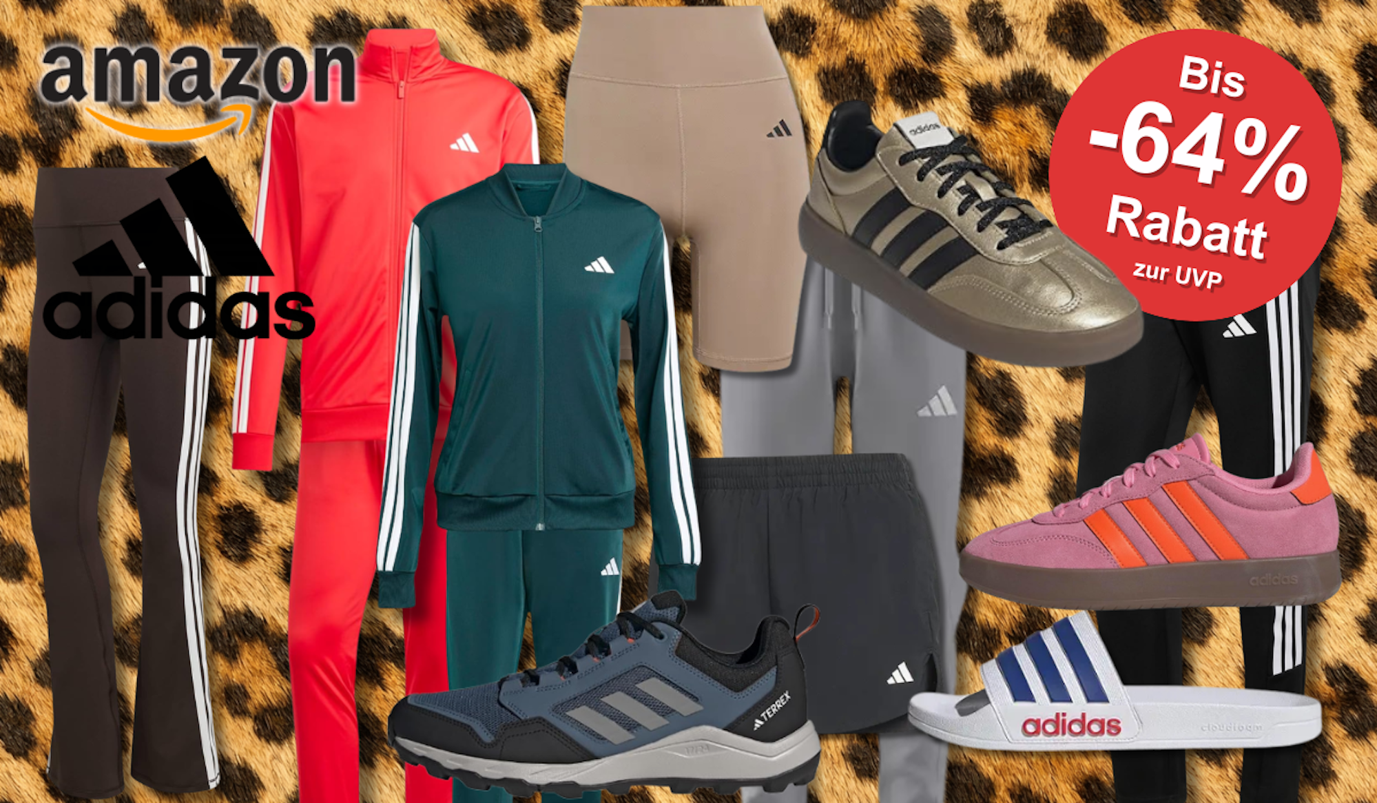 Auf dem Bild sind div. adidas Kleidungsstücke auf einem Animal Print Hintergrund platziert.