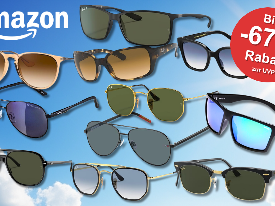 Viele Marken Sonnenbrillen von Ray Ban, Carrera, Uvex, Lacoste, Tommy Hilfiger, Oakley, Levis und Calvin Klein vor einem sonnigen, blauen Himmel mit vereinzelten weißen Wolken.