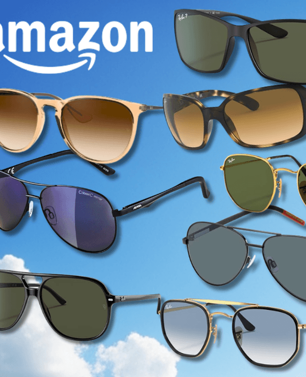 Viele Marken Sonnenbrillen von Ray Ban, Carrera, Uvex, Lacoste, Tommy Hilfiger, Oakley, Levis und Calvin Klein vor einem sonnigen, blauen Himmel mit vereinzelten weißen Wolken.