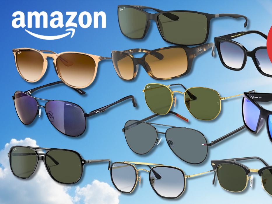 Viele Marken Sonnenbrillen von Ray Ban, Carrera, Uvex, Lacoste, Tommy Hilfiger, Oakley, Levis und Calvin Klein vor einem sonnigen, blauen Himmel mit vereinzelten weißen Wolken.