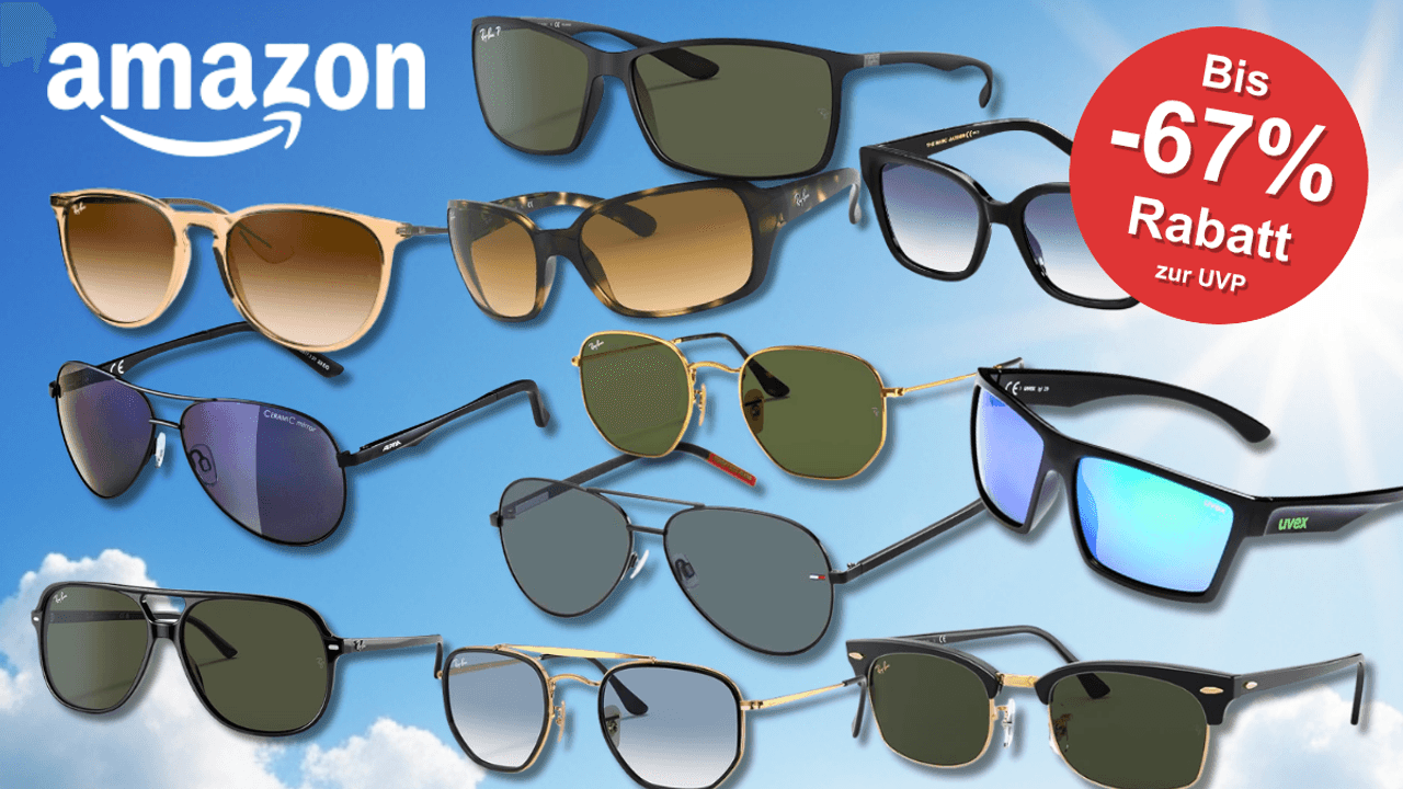 Viele Marken Sonnenbrillen von Ray Ban, Carrera, Uvex, Lacoste, Tommy Hilfiger, Oakley, Levis und Calvin Klein vor einem sonnigen, blauen Himmel mit vereinzelten weißen Wolken.