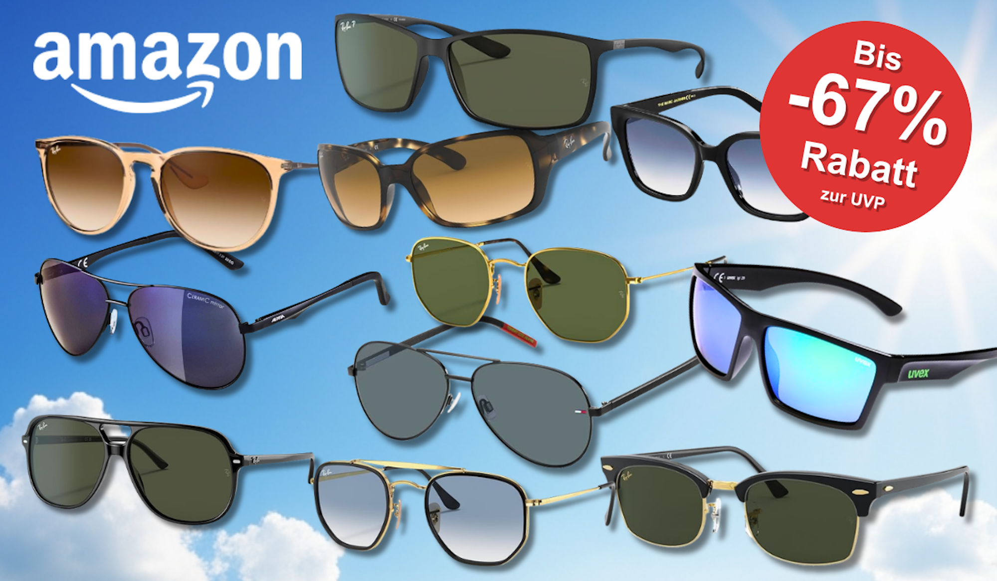 Viele Marken Sonnenbrillen von Ray Ban, Carrera, Uvex, Lacoste, Tommy Hilfiger, Oakley, Levis und Calvin Klein vor einem sonnigen, blauen Himmel mit vereinzelten weißen Wolken.