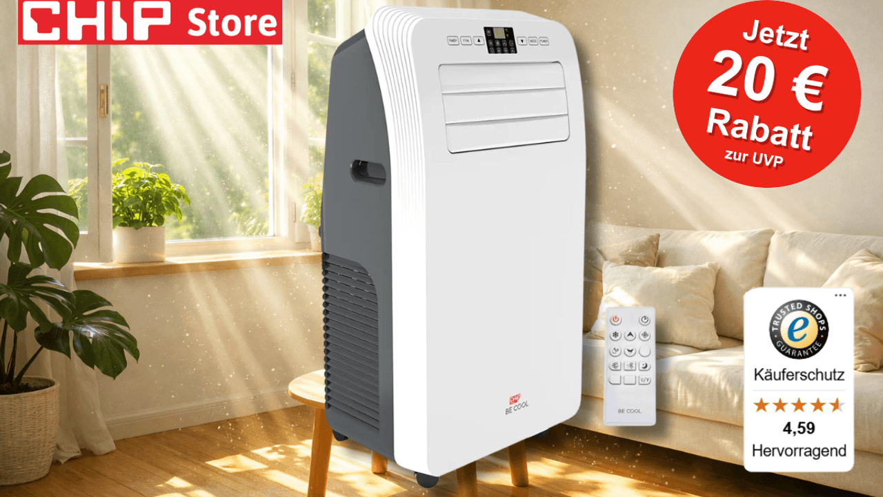 Die CHIP x BE COOL Klimaanlage in einem sonnigen Zimmer.
