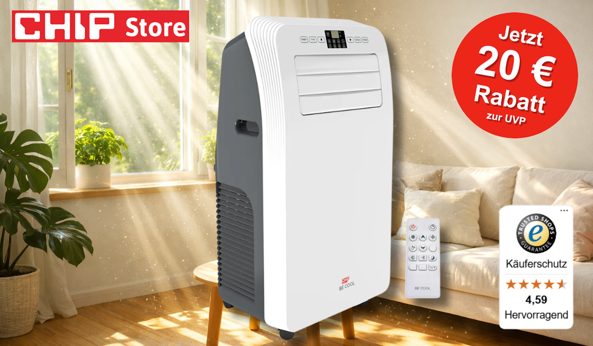 Die CHIP x BE COOL Klimaanlage in einem sonnigen Zimmer.