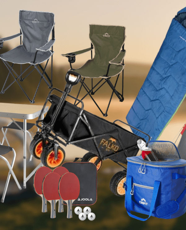 Eine Collage aus Camping Produkten auf einem Hintergrund, der Camping am See zeigt.