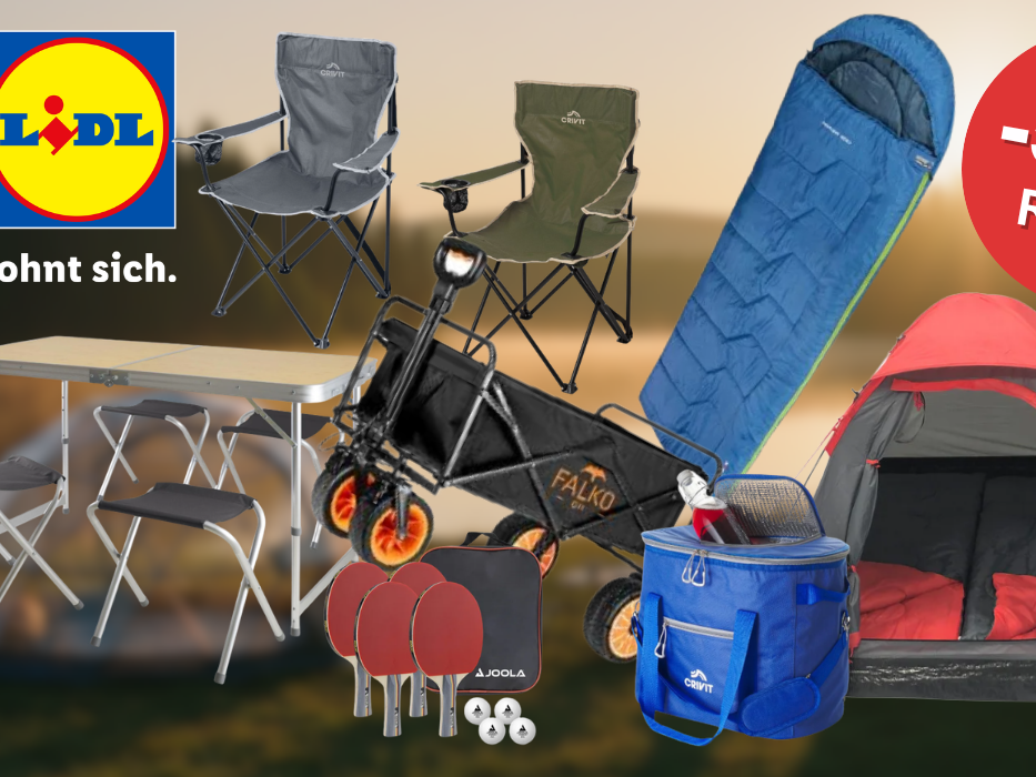 Eine Collage aus Camping Produkten auf einem Hintergrund, der Camping am See zeigt.
