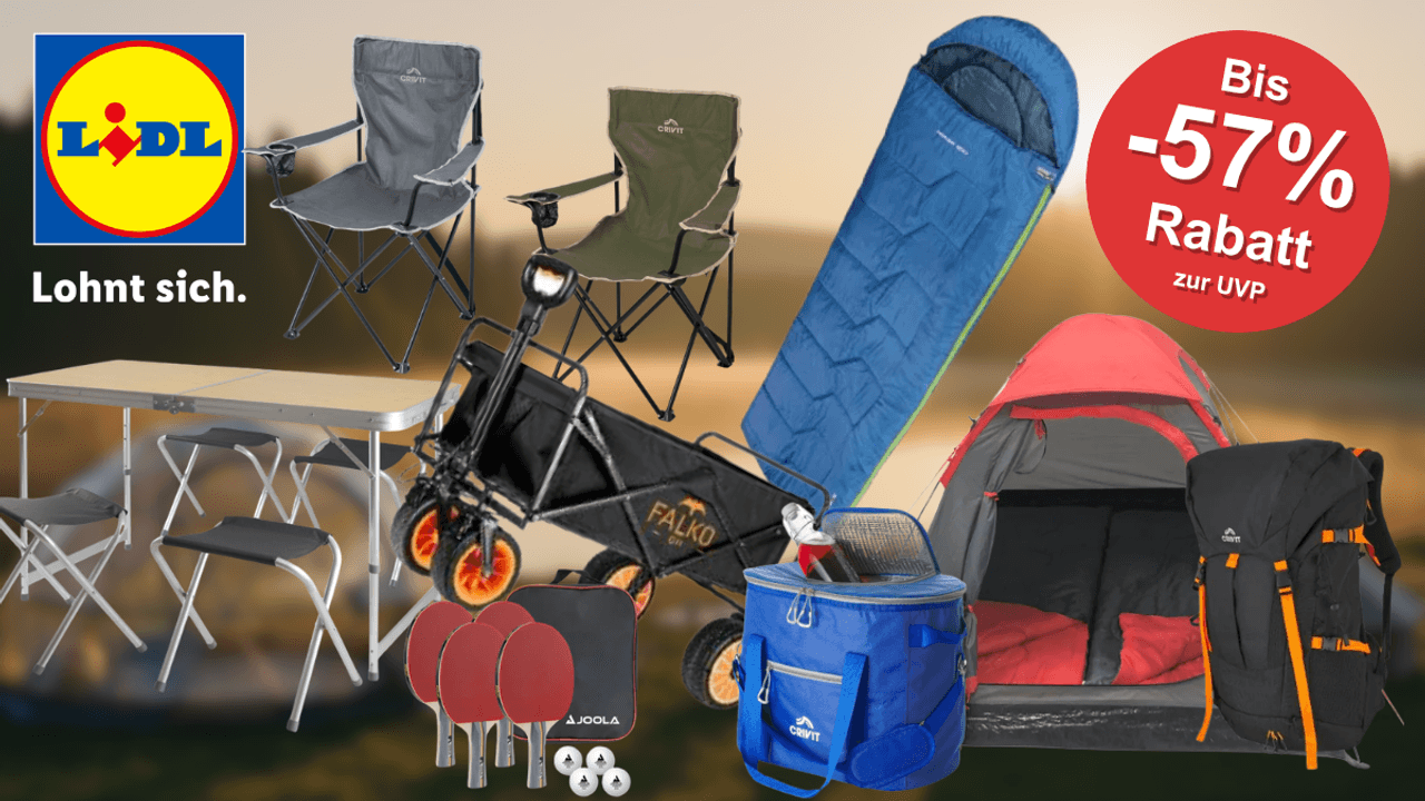 Eine Collage aus Camping Produkten auf einem Hintergrund, der Camping am See zeigt.