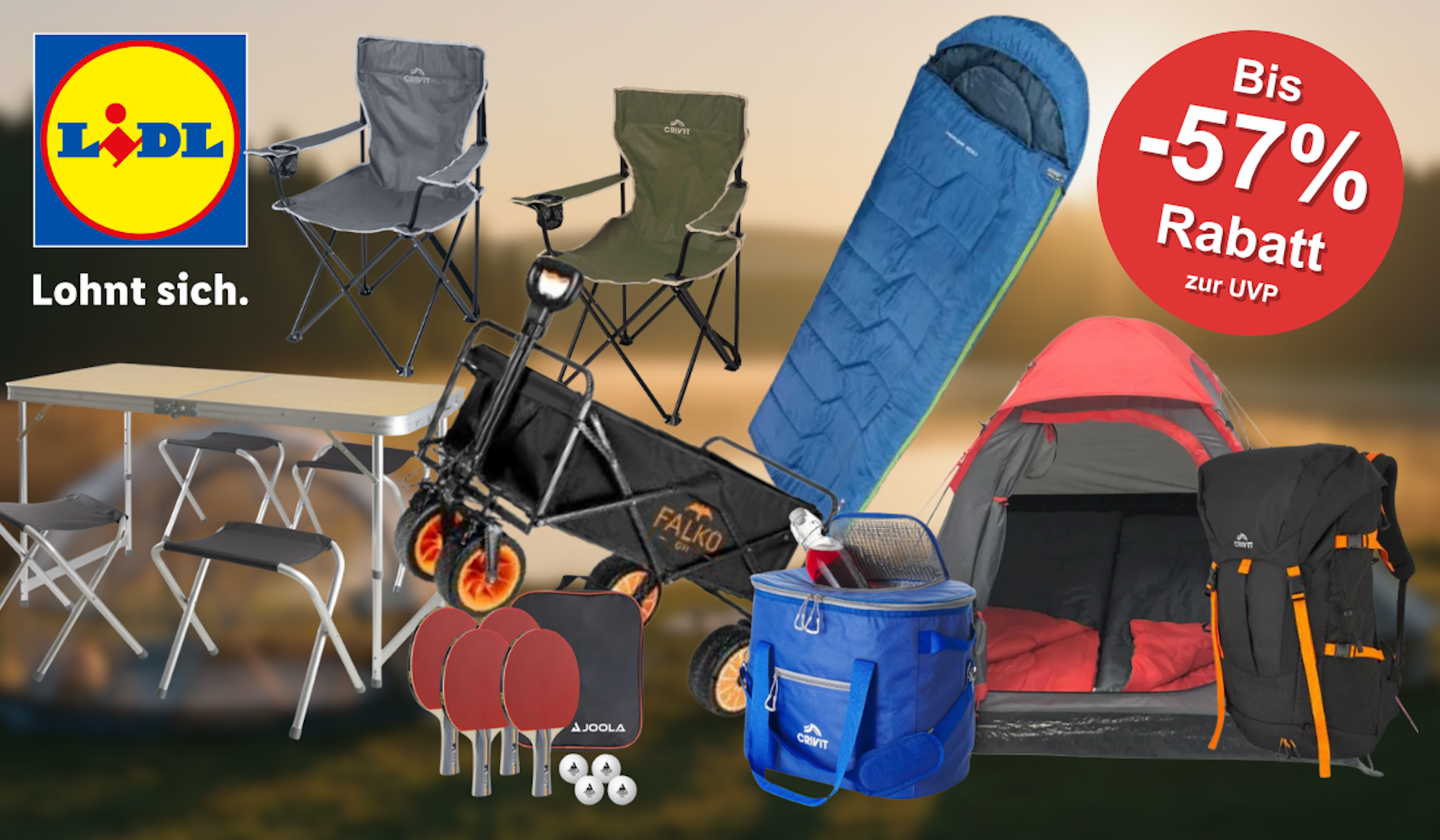 Eine Collage aus Camping Produkten auf einem Hintergrund, der Camping am See zeigt.