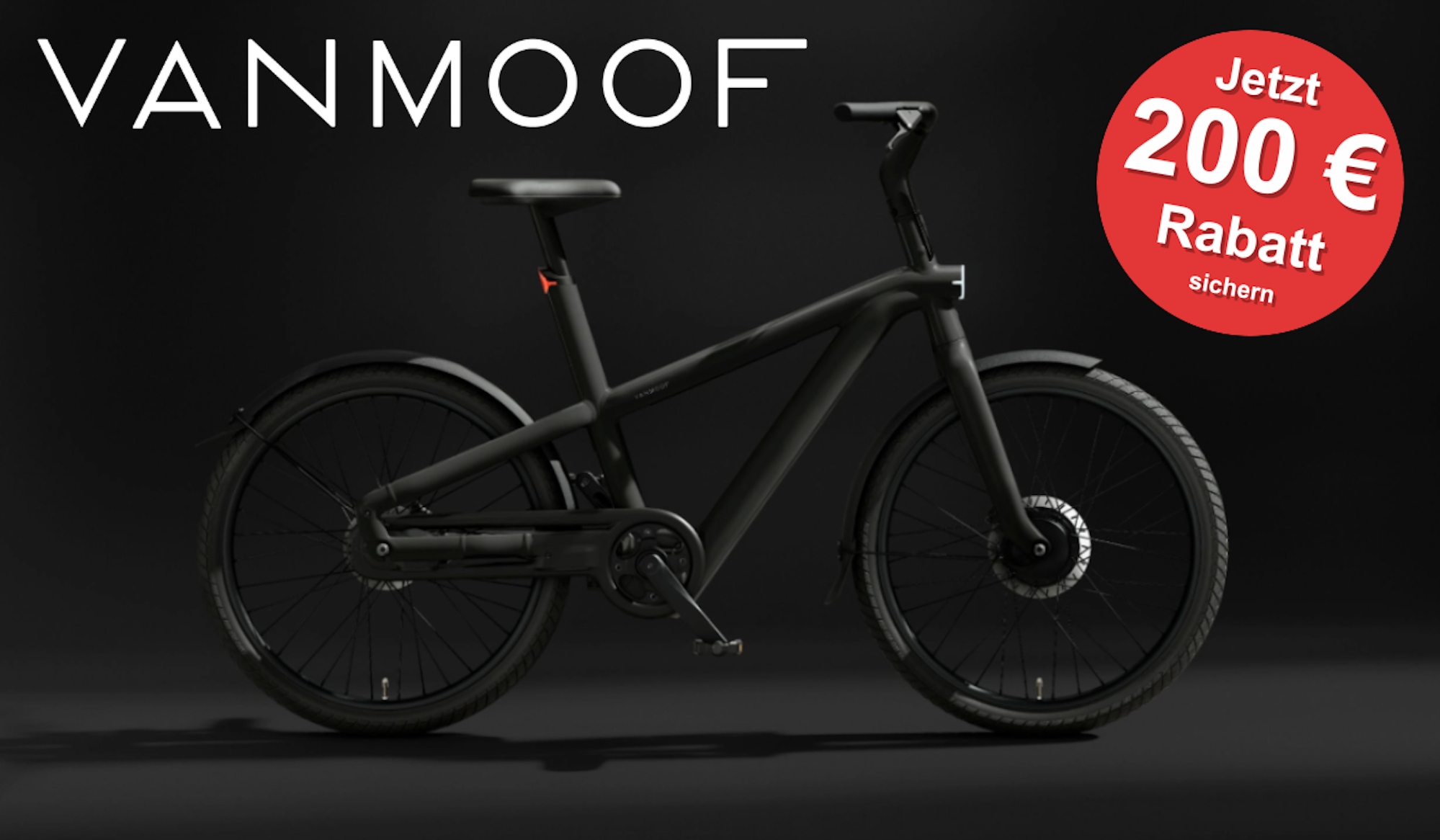 Das VanMoof A5 E-Bike vor einem schwarzen Hintergrund.