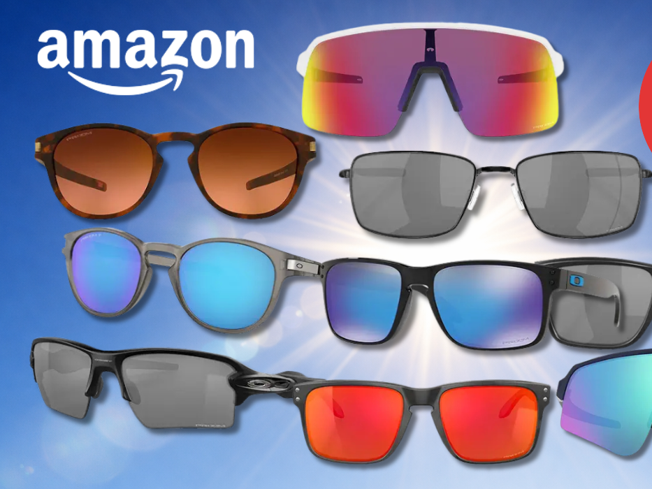 Eine Darstellung von verschiedenen Oakley Sonnenbrillen vor einem blauen Sonnen-Hintergrund.