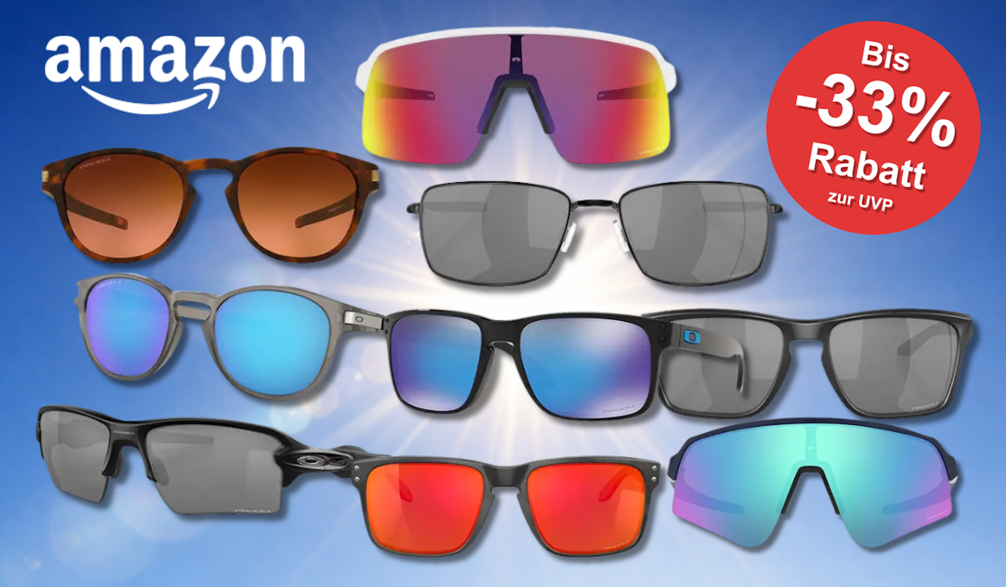 Eine Darstellung von verschiedenen Oakley Sonnenbrillen vor einem blauen Sonnen-Hintergrund.