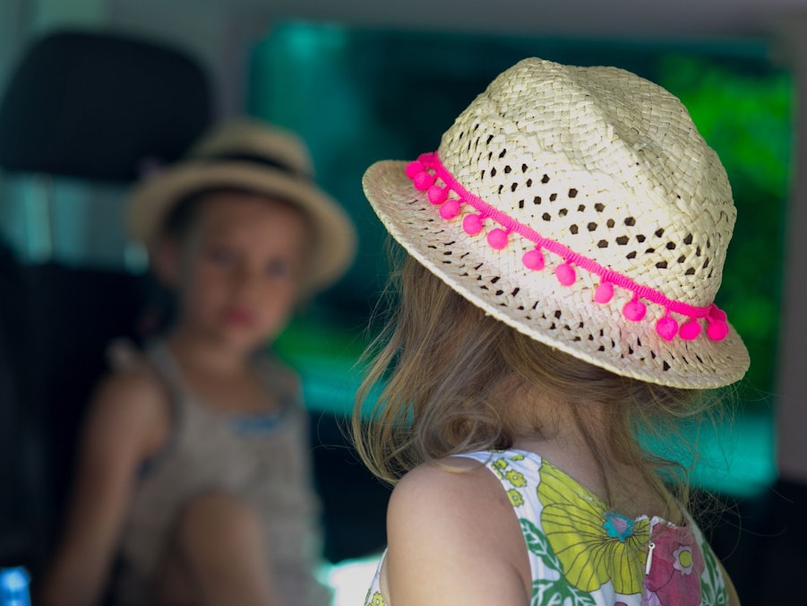 Zwei Kinder in Sommerkleidung sitzen im Auto