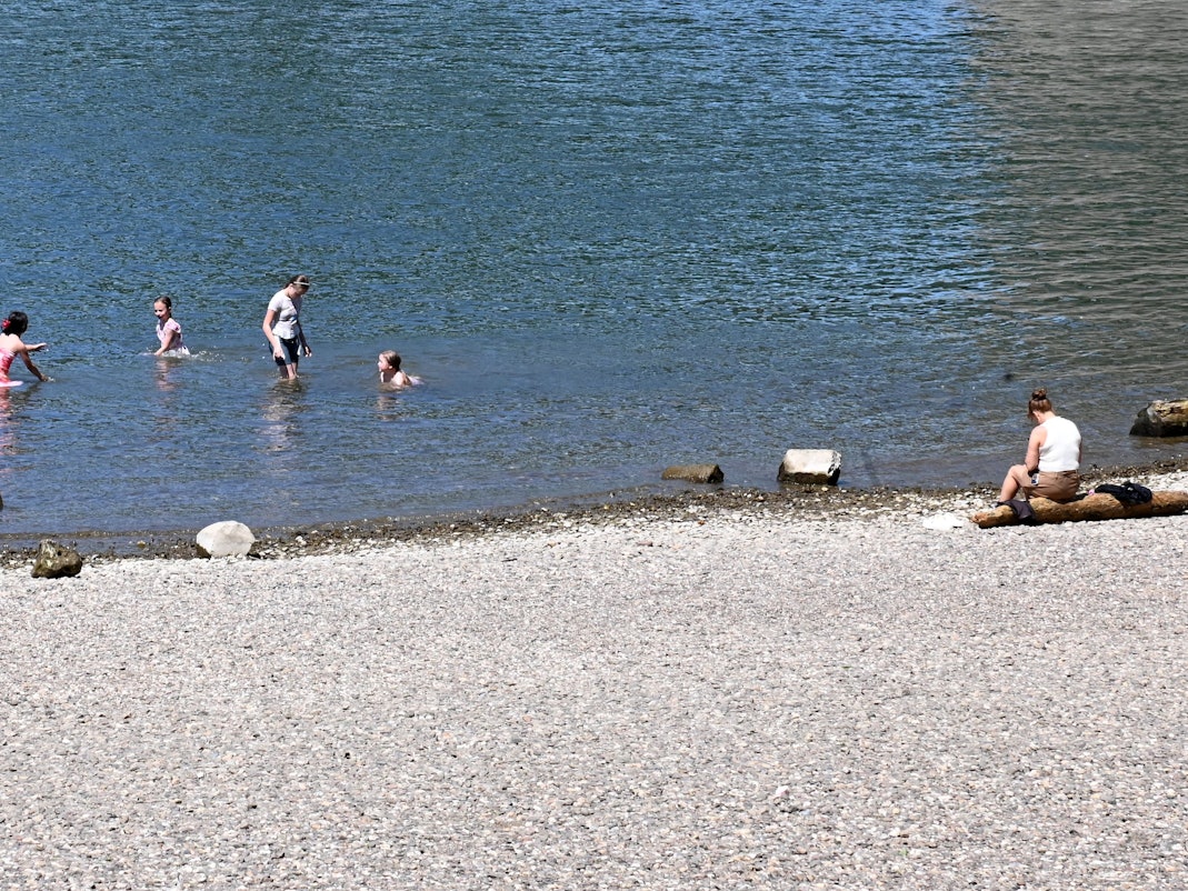 Badeverbotsschild im Rheinpark. Trotzdem sind immer wieder Kinder im Wasser zu sehen.