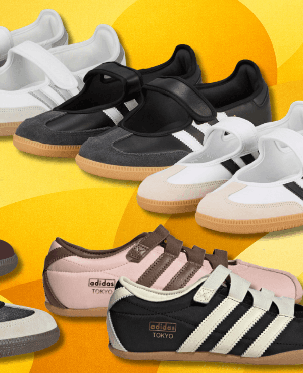 Die adidas Mary Janes in verschiedenen Ausführungen vor einem gelben Hintergrund.