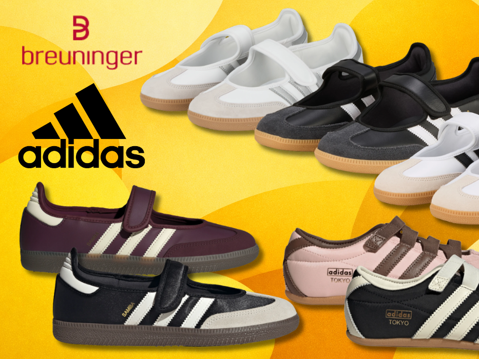 Die adidas Mary Janes in verschiedenen Ausführungen vor einem gelben Hintergrund.