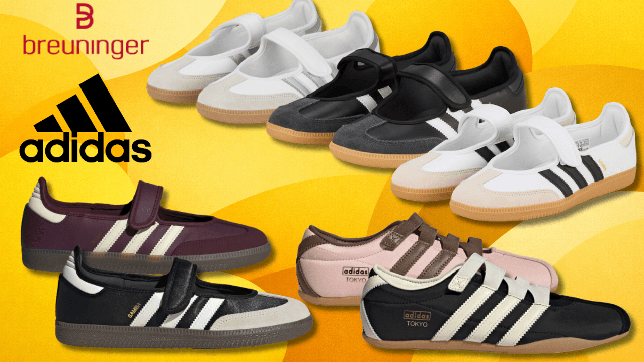 Die adidas Mary Janes in verschiedenen Ausführungen vor einem gelben Hintergrund.