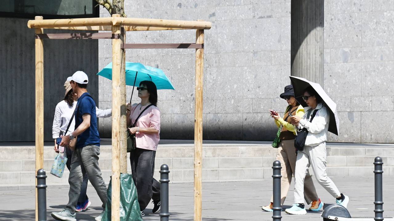 Touristen schützen sich mit Regenschirmen vor der Sonne.