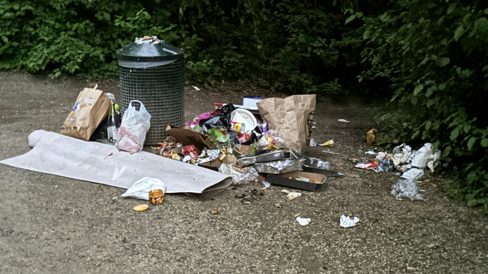 Müll liegt um einen Mülleimer verstreut auf dem Boden.
