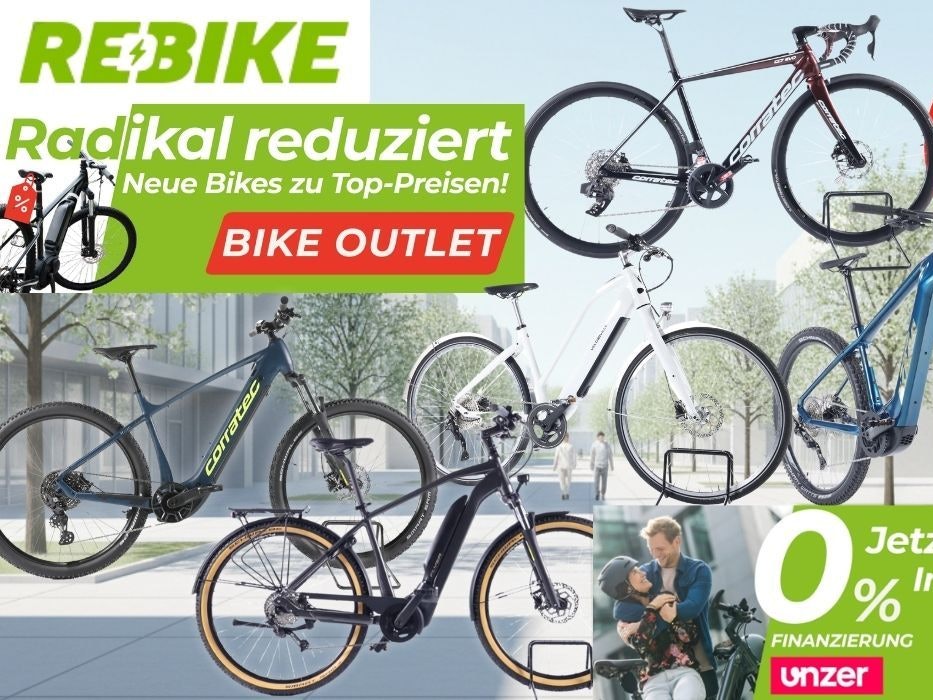 Bildcollage aus dem Rebike Bike Outlet: fabrikneue E-Bikes und Fahrräder der Marke Corratec – darunter ein E-Mountainbike, ein Trekking-E-Bike und ein Gravelbike – mit Rabatten von bis zu 58 Prozent zur UVP und 0-%-Finanzierung.