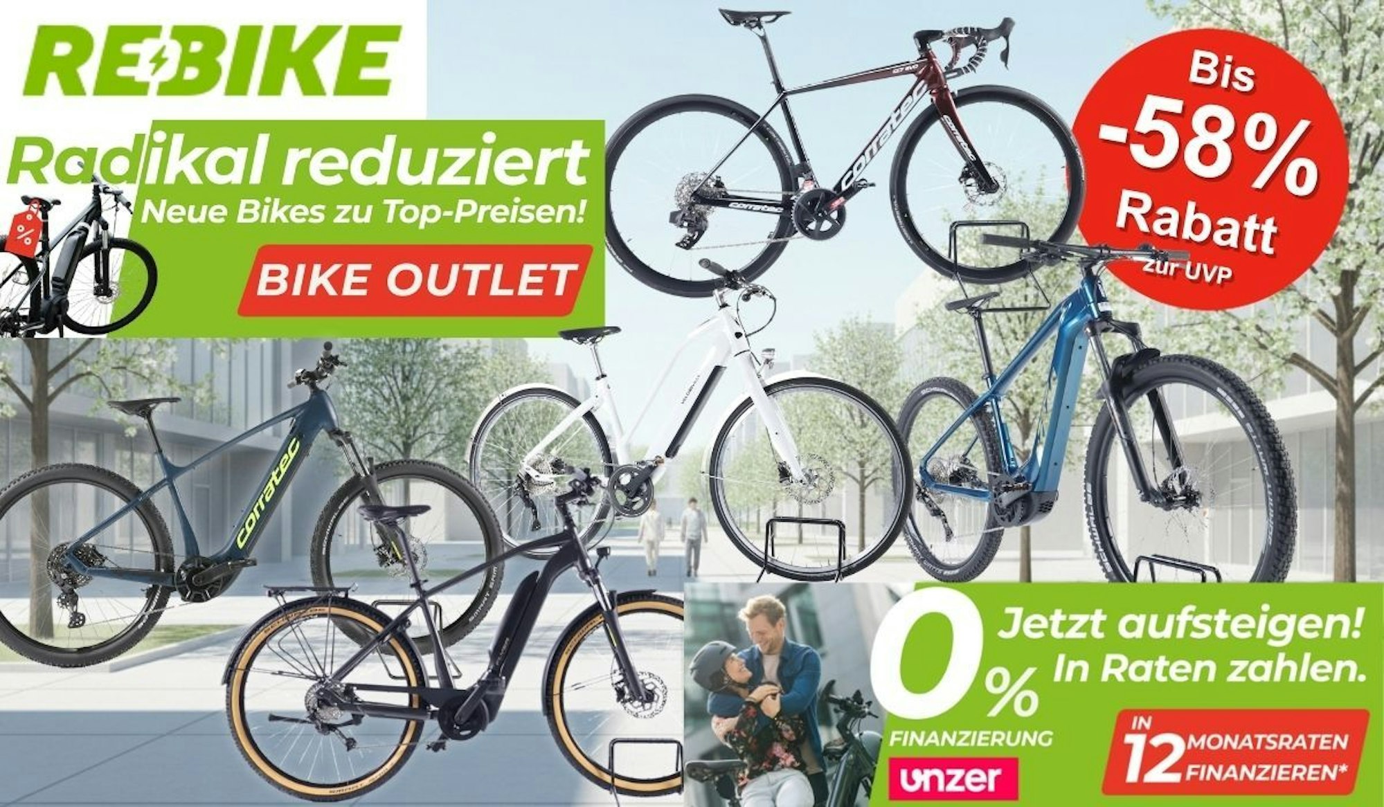 Bildcollage aus dem Rebike Bike Outlet: fabrikneue E-Bikes und Fahrräder der Marke Corratec – darunter ein E-Mountainbike, ein Trekking-E-Bike und ein Gravelbike – mit Rabatten von bis zu 58 Prozent zur UVP und 0-%-Finanzierung.