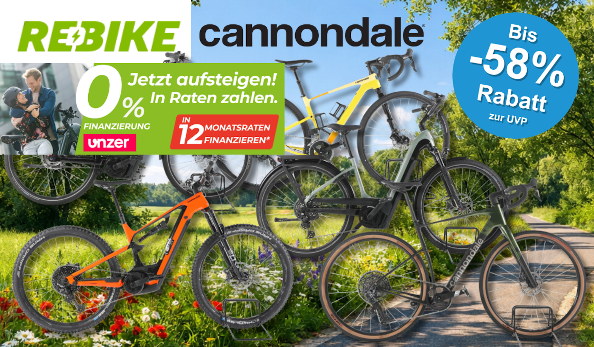Eine Darstellung von 5 verschiedenen Cannondale E-Bikes vor einem Fahrradweg.