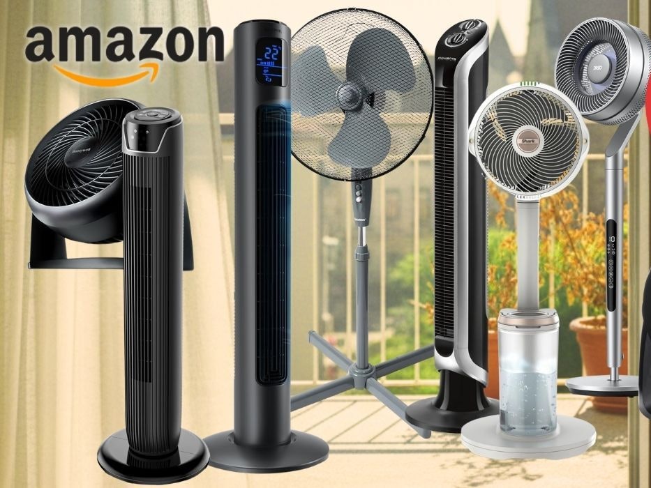 Collage mit mehreren Ventilatoren (Turm-, Stand- und Tischventilator) vor einem sommerlichen Balkonhintergrund; links das Amazon-Logo, rechts ein roter Hinweis „Bis -57% Rabatt zur UVP“.