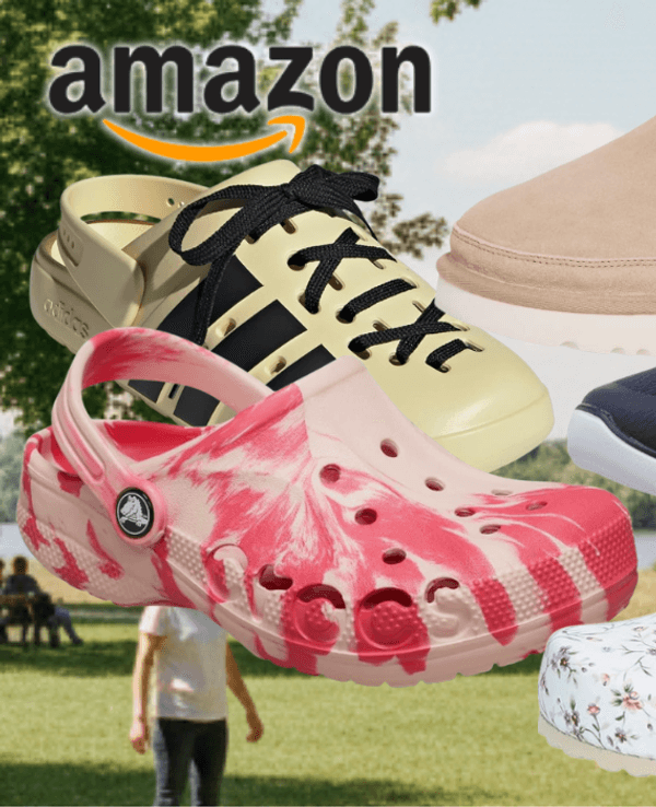 Auf dem Bild ist eine Collage unterschiedlicher Clogs bekannter Marken auf einem sommerlich KI generierten Hintergrund zu sehen.