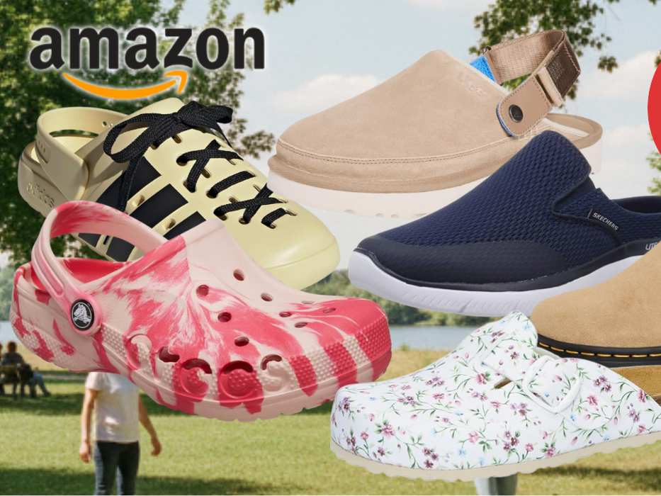 Auf dem Bild ist eine Collage unterschiedlicher Clogs bekannter Marken auf einem sommerlich KI generierten Hintergrund zu sehen.