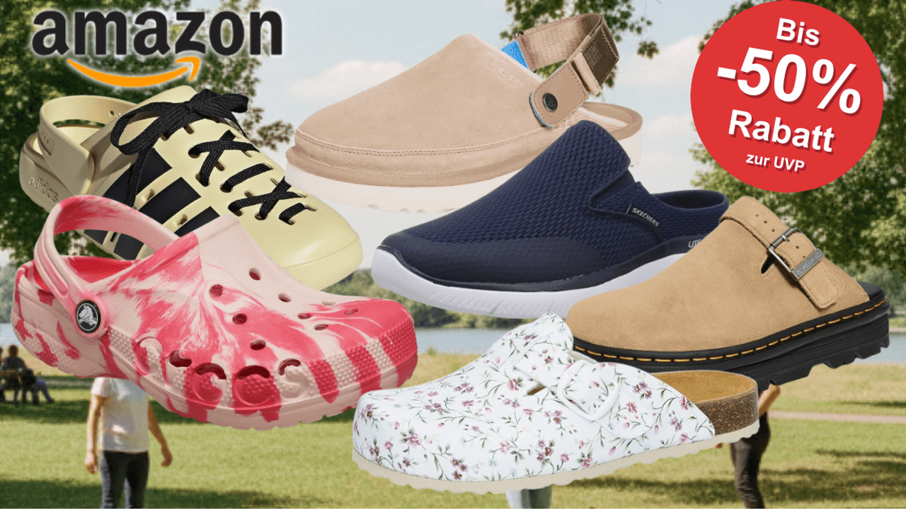 Auf dem Bild ist eine Collage unterschiedlicher Clogs bekannter Marken auf einem sommerlich KI generierten Hintergrund zu sehen.