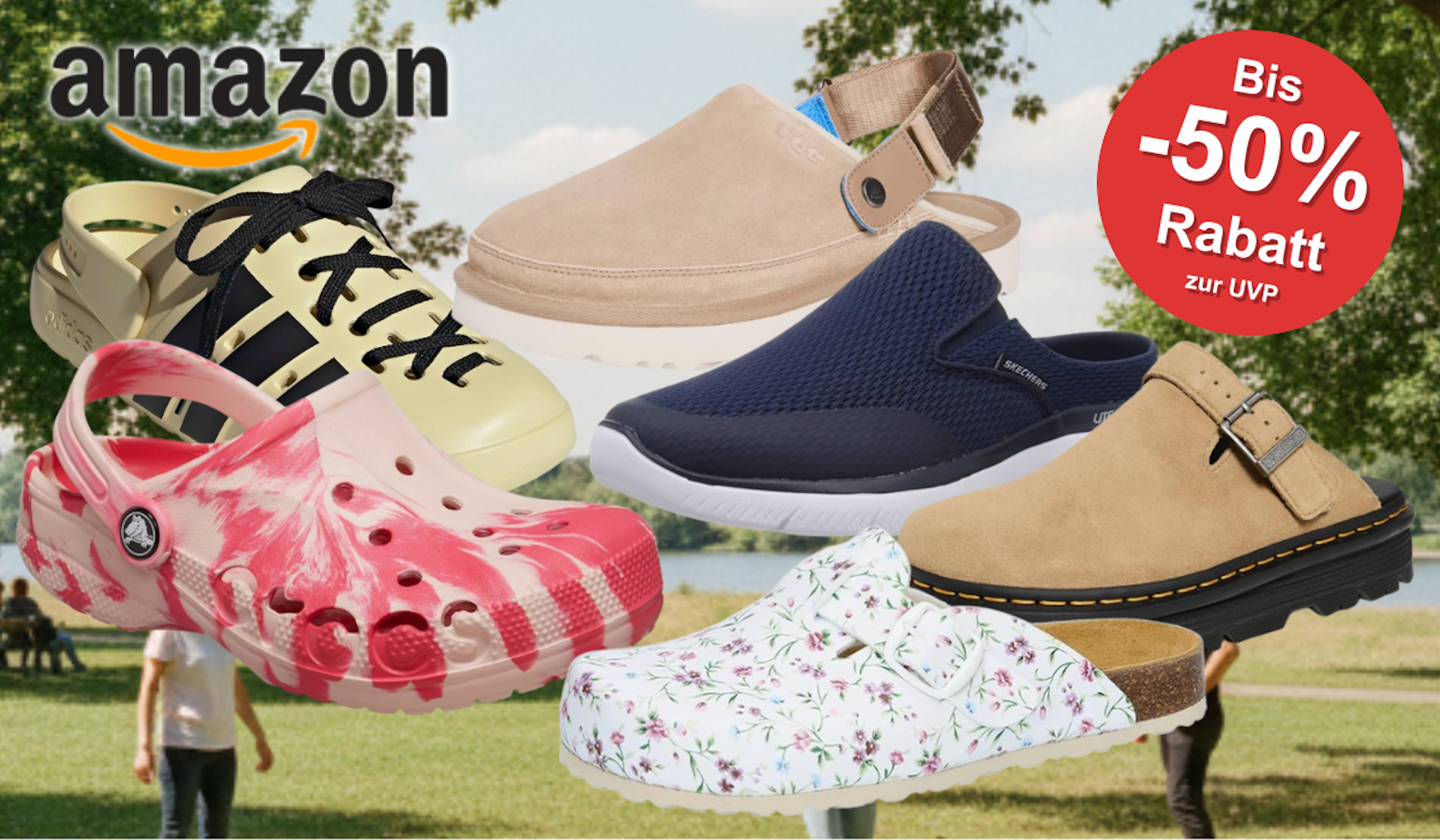 Auf dem Bild ist eine Collage unterschiedlicher Clogs bekannter Marken auf einem sommerlich KI generierten Hintergrund zu sehen.