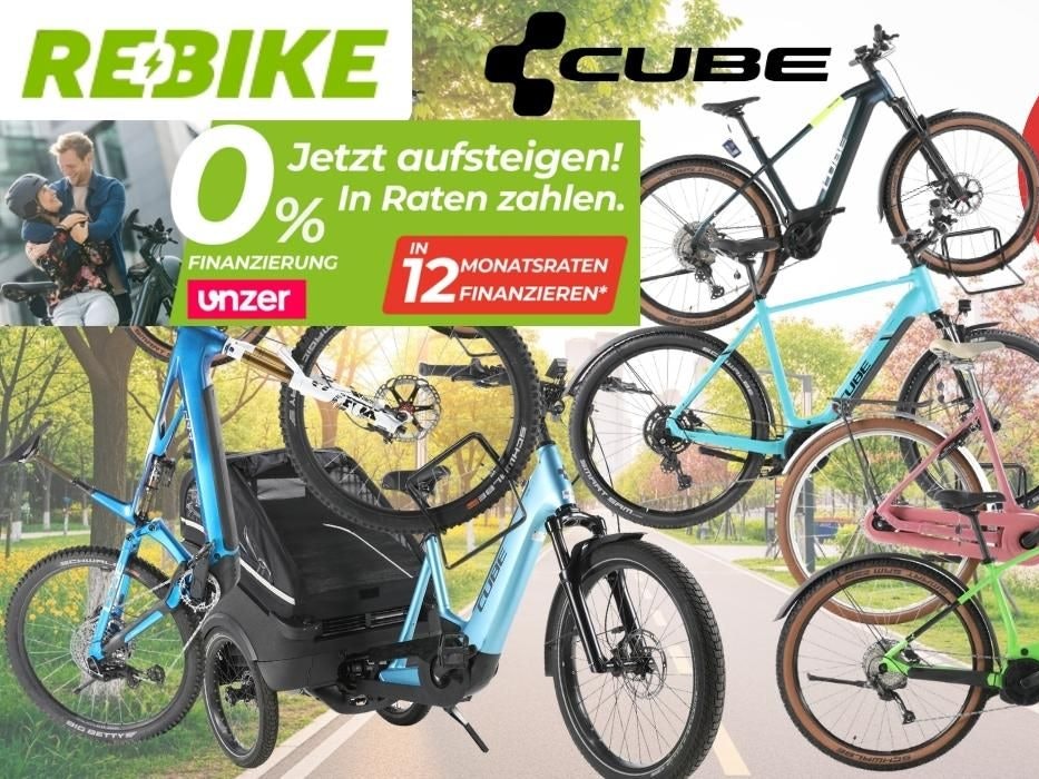 Cube E-Bike Modelle für Trekking und Mountainbike vor einer Landstraße im Grünen.