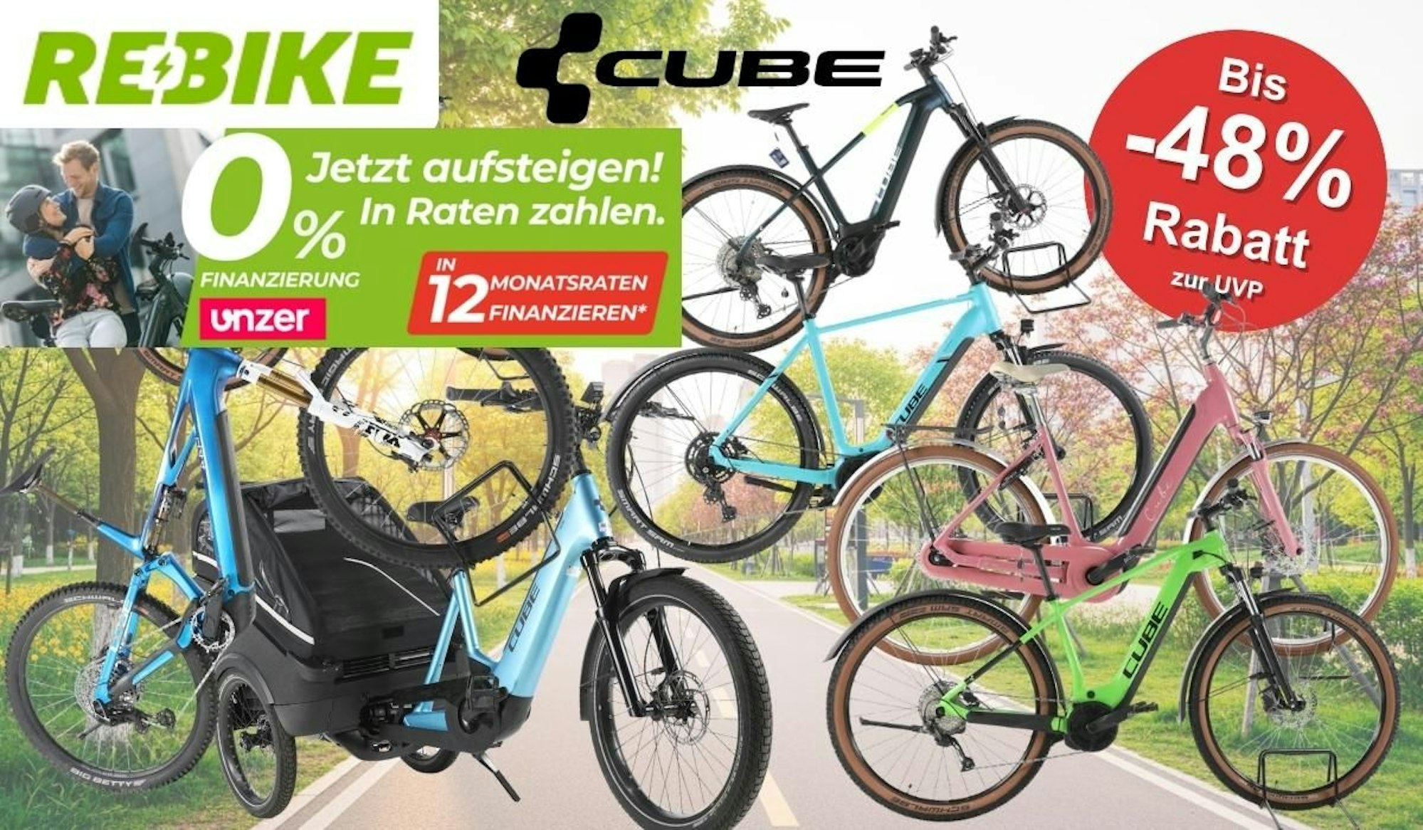 Cube E-Bike Modelle für Trekking und Mountainbike vor einer Landstraße im Grünen.