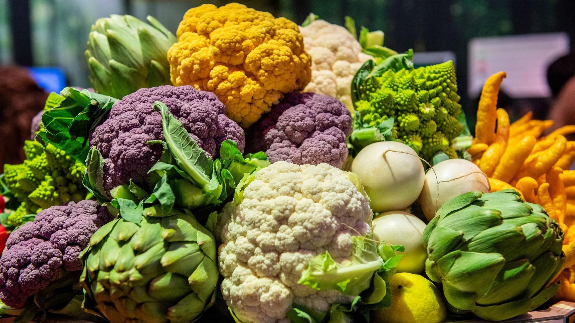 Lila, gelber, Romanesco und klassischer Blumenkohl
