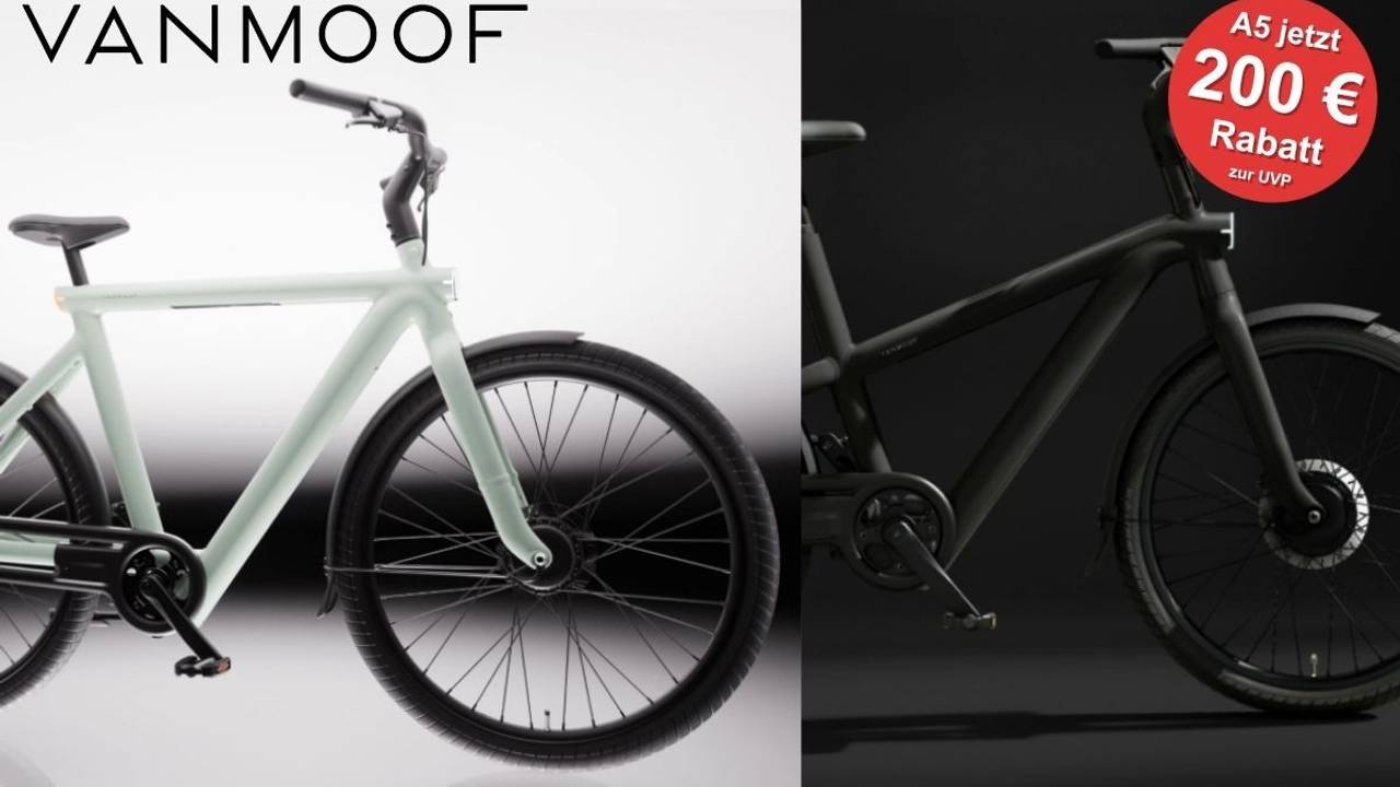 VanMoof S6 E-Bike in Pearl Mint und VanMoof A5 E-Bike in Drift Black in der Seitenansicht im direkten Vergleich – rechts oben ein roter Button mit dem Hinweis: A5 jetzt 200 € Rabatt zur UVP.