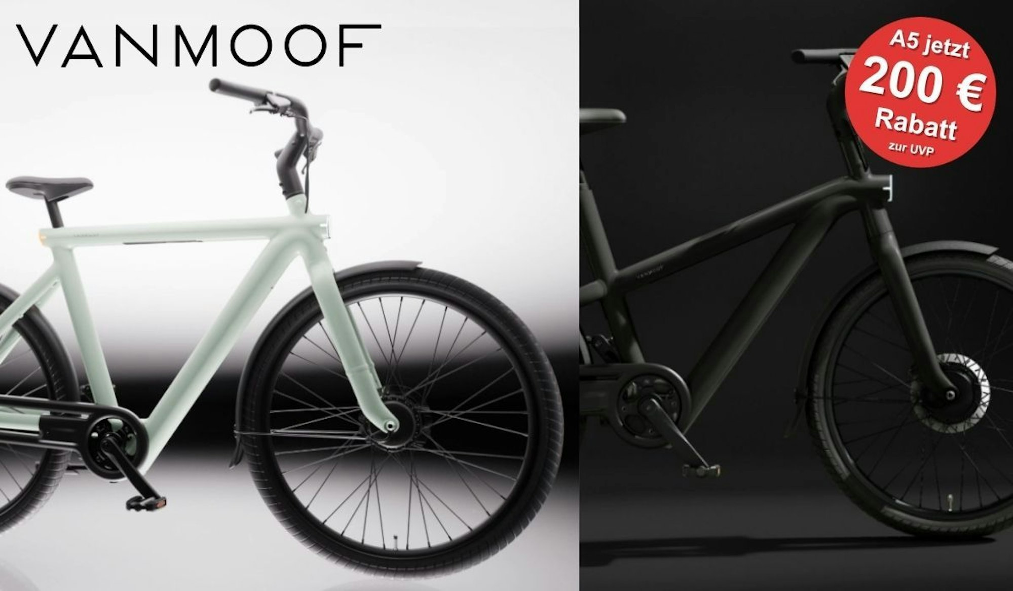 VanMoof S6 E-Bike in Pearl Mint und VanMoof A5 E-Bike in Drift Black in der Seitenansicht im direkten Vergleich – rechts oben ein roter Button mit dem Hinweis: A5 jetzt 200 € Rabatt zur UVP.