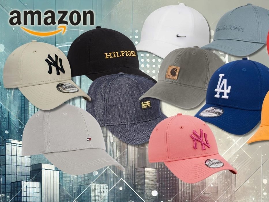 Marken Caps z.B. von Tommy Hilfiger, Levis, Carhartt, und mehr vor einem Comic-Design-Stadthintergrund.