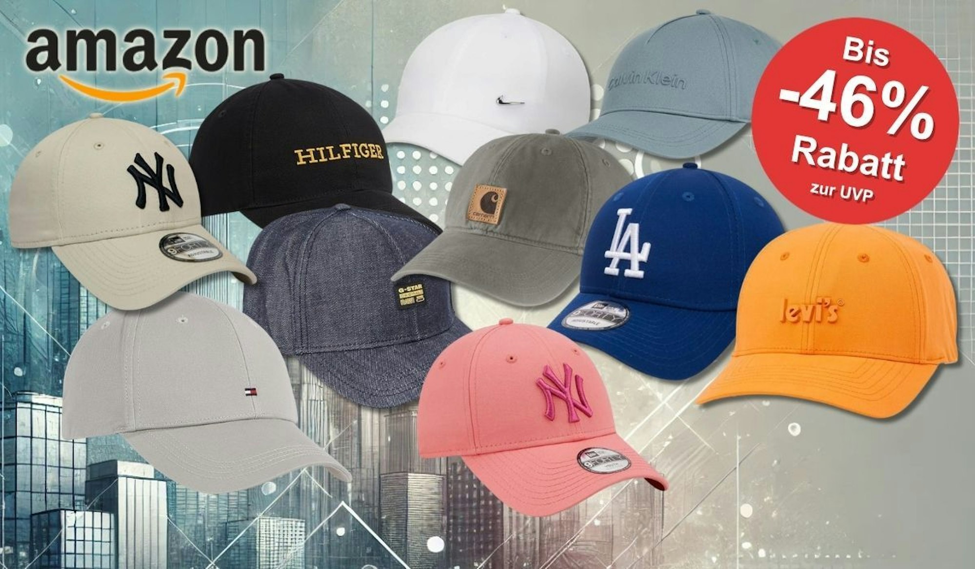 Marken Caps z.B. von Tommy Hilfiger, Levis, Carhartt, und mehr vor einem Comic-Design-Stadthintergrund.